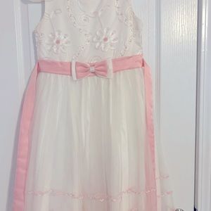 Pink & White Tulle Floral Pearl Embellished Dress